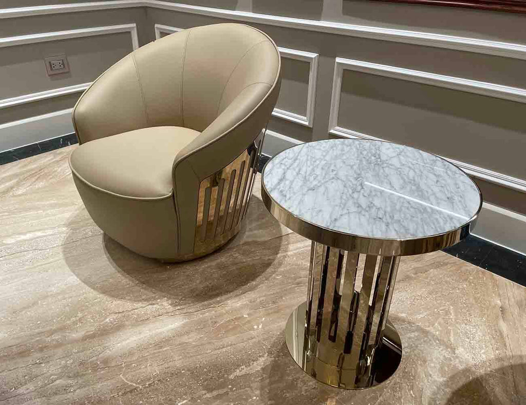 ARENA Premium - Tab sofa hình tròn, bàn side table, khung inox mạ PVD vàng bóng, mặt đá Marble trắng Ý - 08